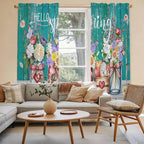 Spring Flowers Kitchen Curtains, Farmhouse Watercolor Teal Wood Grain Light Filtering Window Curtain Panels, 2Pcs Rod Pocket Window Treatments Set for Living Room Bathroom Bedroom 52x72 Inches