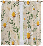 Spring Daisy Kitchen Curtains, Country Watercolor Flower Leaf Plant Light Filtering Window Curtain Panels, 2Pcs Rod Pocket Window Treatments Set for Living Room Bathroom Bedroom 42x63 Inches