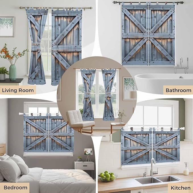 Farmhouse Wood Grain Kitchen Curtains 45 Inch Length, Short Cafe Window Curtains Tab Top, Vintage Country Barn Gate Textured Light Filtering Window Treatments Tier Drapes 27.5"x45" 2 Panel