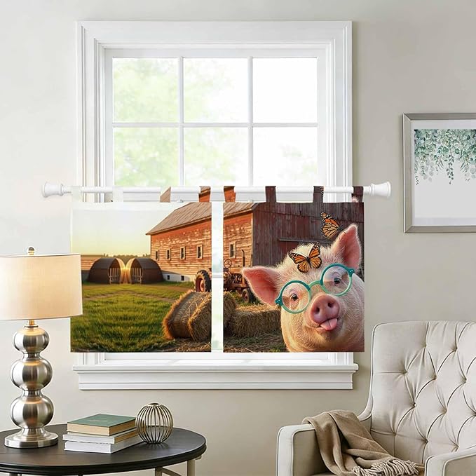 Farm Pig Kitchen Curtains 24 Inch Length, Small Window Curtains Tab Top, Farmhouse Barn Funny Animals Butterfly Light Filtering Short Window Treatments Tier Drapes 27.5"x24" 2 Panel