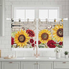 Red Yellow Sunflowers Kitchen Curtains 36 Inch Length, Small Window Curtains Tab Top, Retro Rustic Barn Doors Butterfly Brown Light Filtering Short Window Treatments Tier Drapes 27.5"x36" 2 Panel