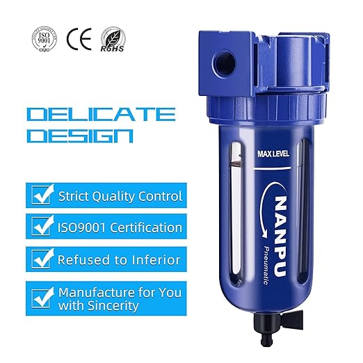 NANPU 1/4" NPT Compressed Air Filter, Zinc Alloy, 5 Micron Brass Element, Quick Release Bowl, Manual Drain, for Air Compressor ＆ Pneumatic Tools