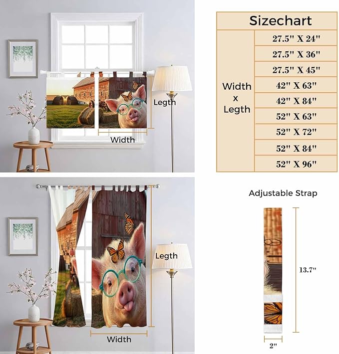 Farm Pig Living Room Curtains 84 Inch Length, Window Curtains Tab Top, Farmhouse Barn Funny Animals Butterfly Light Filtering Window Treatments Drapes 52"x84" 2 Panel