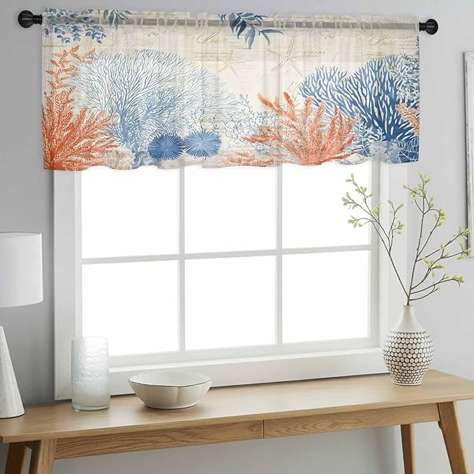 Ocean Corals Sheer Valance Curtains, Summer Beach Coral Sea Stars Retro Texture Light Filtering Kitchen Valances Rod Pocket Voile Curtain Window Treatment for Bedroom/Living Room/Basement 42Wx12L