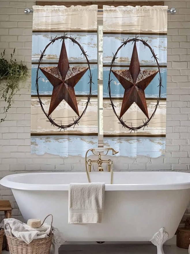 Vintage Western Star on Wood Grain Window Valance Curtains, Retro Wooden Texture Light Filtering Kitchen Valance with 3-inch Rod Pocket for Living Room Bathroom Bedroom,2 Panel,52x72In