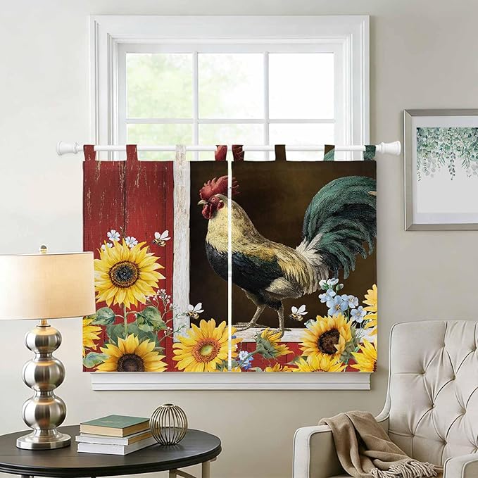 Chicken Sunflowers Kitchen Curtains 45 Inch Length, Short Cafe Window Curtains Tab Top, Farmhouse Animals Red Barn Bees Light Filtering Window Treatments Tier Drapes 27.5"x45" 2 Panel