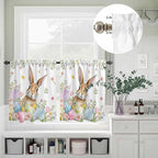 Kitchen Curtains Tiers and Valance Set of 3, Easter Light Filtering Window Curtain Set, Spring Rabbit Colorful Eggs Budding Florals Leaf Rod Pocket Curtain Drapes for Living Room, 36 Inches Tiers