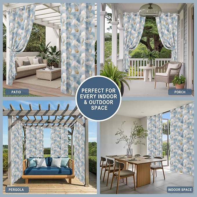 Hot Air Balloons Outdoor Curtains for Patio Fantasy Spaceship Cartoon Vintage Waterproof Outside Curtains with Grommet Top Weatherproof Curtain for Cabana Pergola Gazebo, 1 Panel, 54" W x 84" L