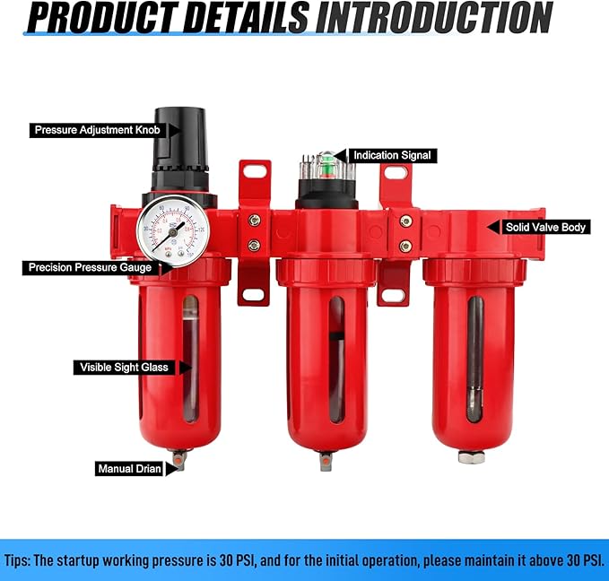 1/4" NPT 3 Stage Aluminium Air Drying System,Coalescing Filter, Particulate Filter, Desiccant Dryer and Air Regulator, Manual Drain, Mid Flow, For Plasma Cutter and Paint Spray