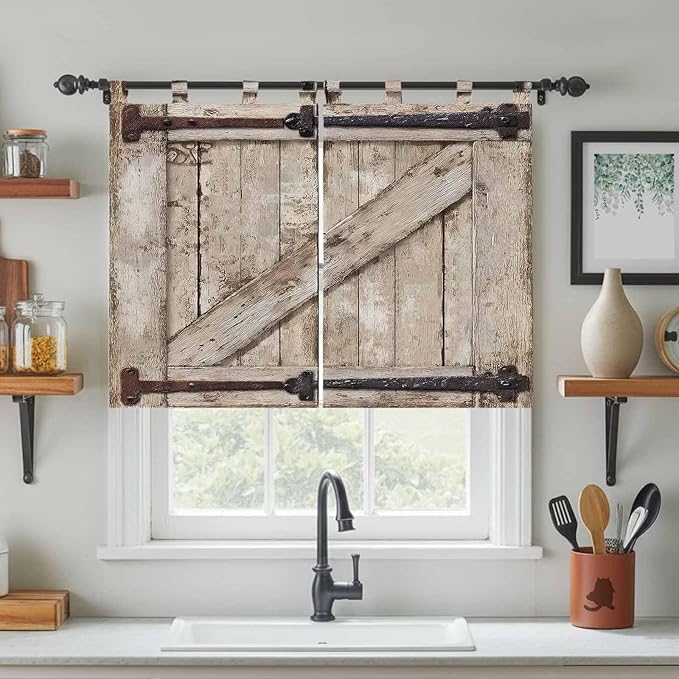 Farmhouse Wood Grain Bedroom Curtains 63 Inch Length, Window Curtains Tab Top, Vintage Country Barn Gate Brown Light Filtering Window Treatments Drapes 42"x63" 2 Panel