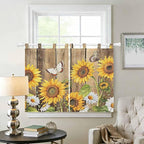 Farmhouse Sunflowers Bedroom Curtains 63 Inch Length, Window Curtains Tab Top, Rustic Floral Buttterfly Wood Board Brown Light Filtering Window Treatments Drapes 42"x63" 2 Panel