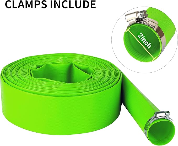2 inch x 100 FT Pool Backwash Hose, Green Heavy Duty Reinforced PVC Lay Flat Water Discharge Hose for Swimming Pool Filter Pump,with 2 Clamp