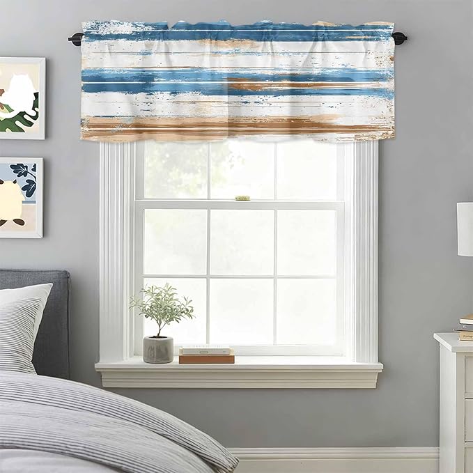 Vintage Blue Valances for Windows, Brown Wood Grain Mottled Texture Abstract Art Kitchen Valance Light Filtering Rod Pocket Short Curtains for Kitchen Bathroom, 1 Panel, 60"x18"
