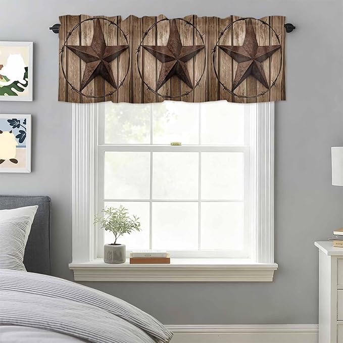 Vintage Texas Star Valances for Windows, Brown Wood Grain Wire Kitchen Valance Light Filtering Rod Pocket Short Curtains for Kitchen Bathroom, 1 Panel, 60"x18"