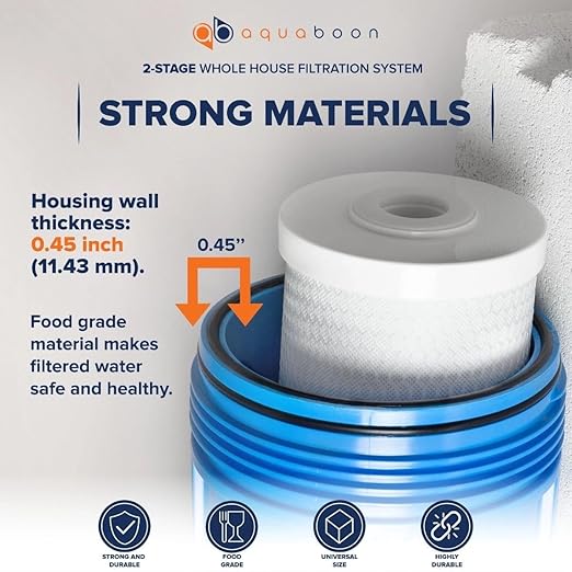 Aquaboon 3-Stage Whole House Water Filtration System with 5 Micron 10x4.5 Reducing Sediment, KDF Heavy Metals and Carbon Chlorine Reduction Water Filter Purification Cartrige, Pressure Gauges, Bracket