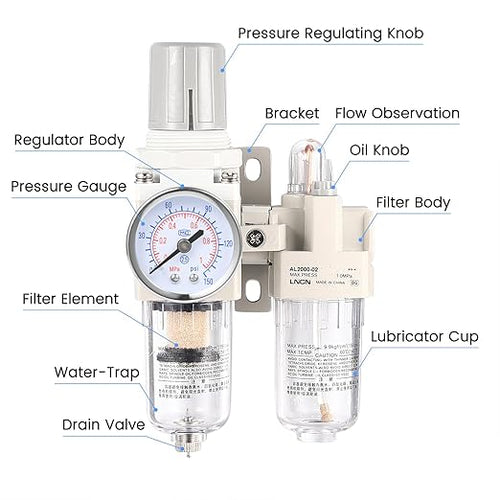 1/4 Inch Compressor Air Filter Pressure Regulator Water-Oil Trap Separator Filter with Lubricator Cup AC2010-02