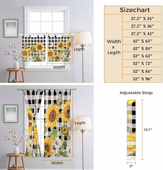 Sunflowers Kitchen Curtains 24 Inch Length, Small Window Curtains Tab Top, Yellow Flowers Butterfly Farmhouse Black Plaid Light Filtering Short Window Treatments Tier Drapes 27.5"x24" 2 Panel