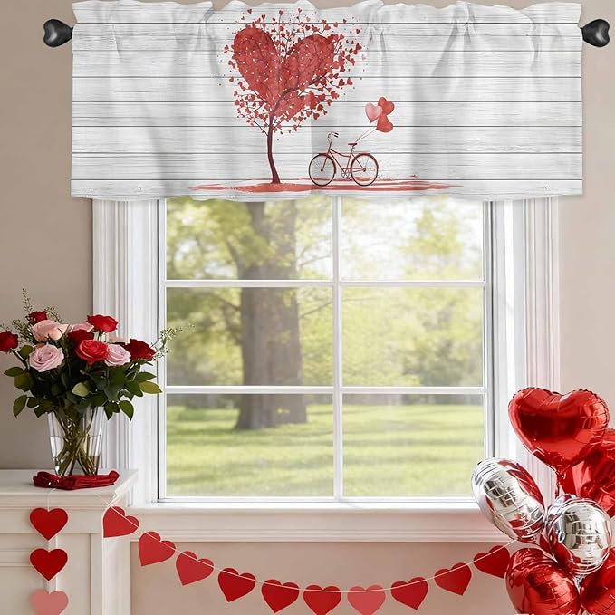 Valentine's Day Valance Curtains for Kitchen, Red Love Trees Bicycles Balloons Wood Grain Privacy Rod Pocket Valance Curtain, Light-Filtering Window Treatment for Bedroom Bathroom, 54"x18"