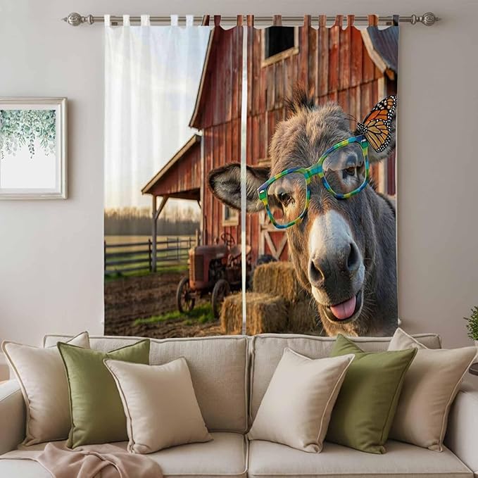 Farm Donkeys Living Room Curtains 96 Inch Length, Window Curtains Tab Top, Farmhouse Barn Funny Animals Butterfly Light Filtering Window Treatments Drapes 52"x96" 2 Panel