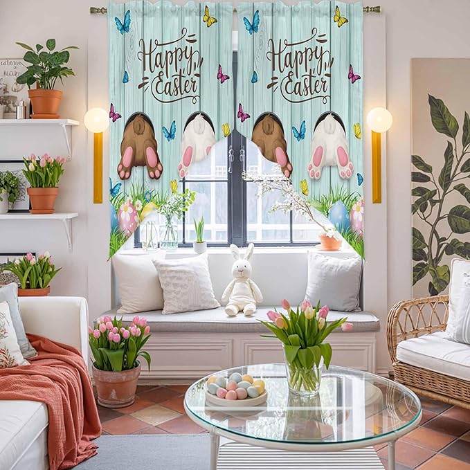 Swag Curtain Valances for Kitchen Windows,Happy Easter Bunny Butt Egg Floral Short Rod Pocket Window Valance,Spring Plant on Aqua Wood Swag Topper for Bedroom Living Room,2 Panels 36x63in