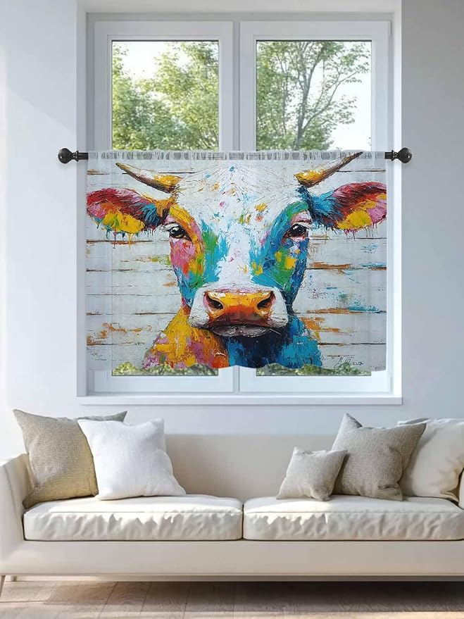 Sheer Curtains 45 Inch Length, Funny Colorful Cow Semi Sheer Curtains Light Filtering Window Treatment, Retro Rustic Oil Painting Wood Grain Privacy Voile Drapes for Living Room Bedroom 52x45 Inch