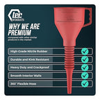 TEC Products FlexAll Long Flexible Funnels - Automotive Oil Funnel with Hose, Durable Nitrile Rubber for Oil Change, Transmission Funnel Fluid, Diesel, Fuel, Gas - Made in USA - Red (16 x 5 Inches)