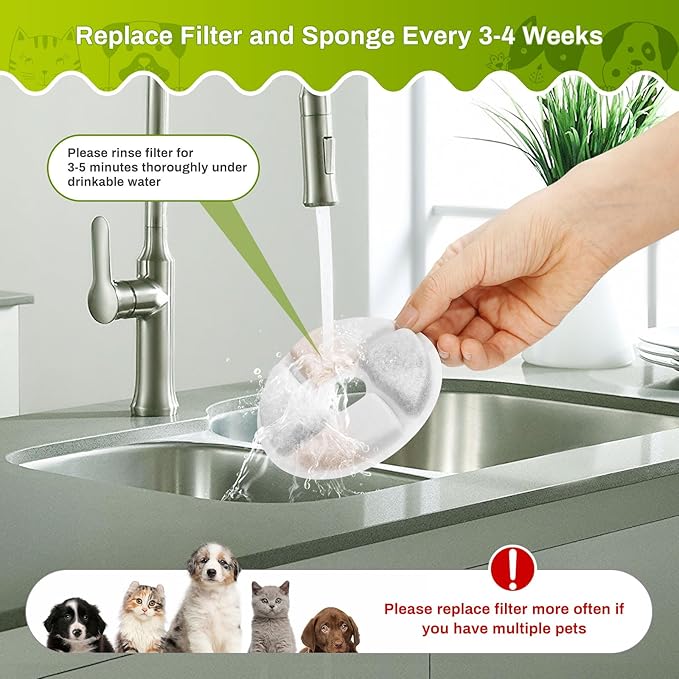 5 Set Cat Water Fountain Filter Replacement for Square 2.2L/73oz Stainless Steel Cat Fountain, ZEKIRY Pet Fountain Filter, Triple Filtration Replacement Filters(5 Filter, 5 Sponge, 5 8D Sponge)
