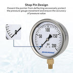 MEASUREMAN Glycerin Filled Plumbing Pressure Gauge 0-200psi Stainless Steel Case, 4" Dial 1/4" NPT Brass Lower Mount, Suitable for Pneumatic Tools, Water Filtration & Industrial Hydraulic Systems