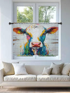 Sheer Curtains 54 Inch Length, Farmhouse Oil Painting Semi Sheer Curtains Light Filtering Window Treatment, Colorful Cow Animal Wooden Grain Privacy Voile Drapes for Living Room Bedroom 52x54 Inch