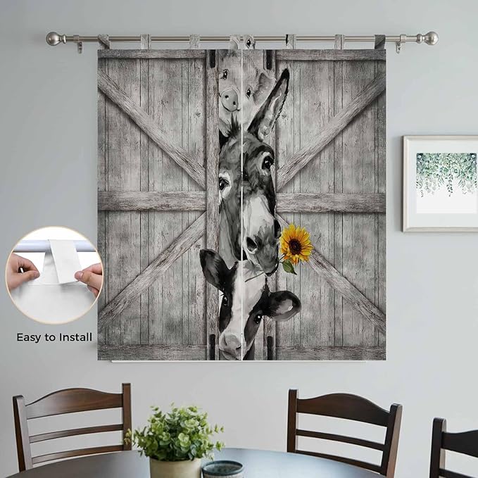 Funny Farm Animals Living Room Curtains 84 Inch Length, Window Curtains Tab Top, Vintage Barn Grey Sunflowers Light Filtering Window Treatments Drapes 42"x84" 2 Panel