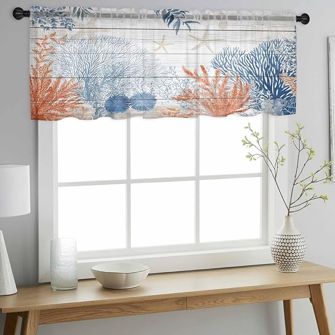 Ocean Corals Sheer Valance Curtains, Summer Beach Coral Sea Stars Wood Grain Light Filtering Kitchen Valances Rod Pocket Voile Curtain Window Treatment for Bedroom/Living Room/Basement 54Wx18L