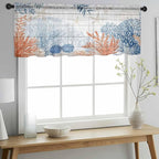 Ocean Corals Sheer Valance Curtains, Summer Beach Coral Sea Stars Wood Grain Light Filtering Kitchen Valances Rod Pocket Voile Curtain Window Treatment for Bedroom/Living Room/Basement 42Wx18L