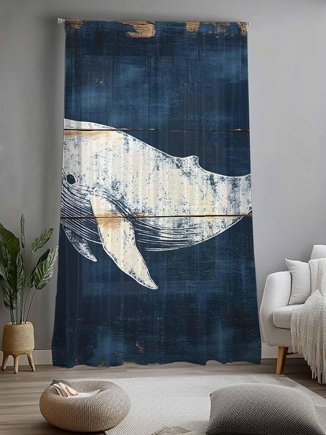 Sheer Curtains 84 Inches Long, Ocean Whale Blue Semi Sheer Curtains Light Filtering Window Treatment, Coastal Vintage Wooden Grain Privacy Voile Drapes for Living Room Bedroom 52x84 Inch