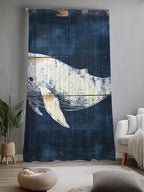 Sheer Curtains 96 Inches Long, Ocean Whale Blue Semi Sheer Curtains Light Filtering Window Treatment, Coastal Vintage Wooden Grain Privacy Voile Drapes for Living Room Bedroom 52x96 Inch