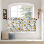 Spring Daisy Tier Curtains, Farmhouse Country Flower Leaf Plant Wood Grain Light Filtering Kitchen Curtains, 2Pcs Rod Pocket Half Window Treatments Panels for Sink Cafe Cabinet Camper 27.5x24 Inches