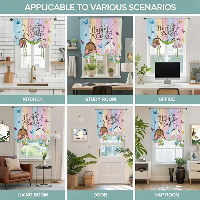 Tie Up Curtains,Happy Easter Rabbit Butt Egg on Daisy Leaf Adjustable Rod Pocket Window Shade Curtain Drape Bufferfly on Wood Barn Tie-Up Valance for Kitchen Bedroom Living Room Windows,42"x45"