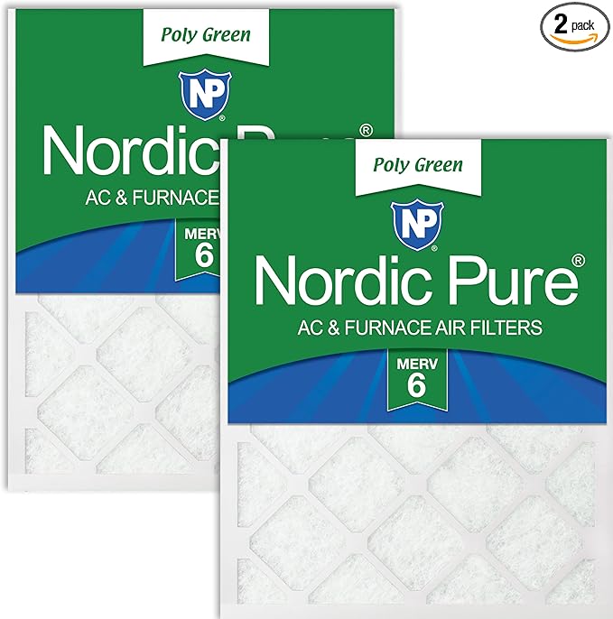 Nordic Pure 18x18x1 (Actual Size: 17 3/4 x 17 3/4 x 3/4) Poly Green MERV 6 AC Furnace Air Filters – Reduces Dust, Pollen, Pet Dander & Allergens – 2-Pack