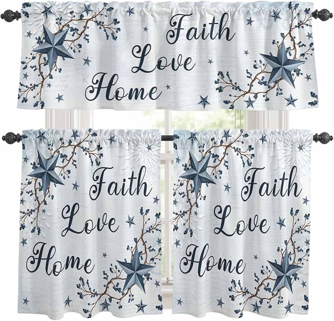 Texas Star Country Kitchen Curtains Set 3 Piece for Windows, Rod Pocket Valance and Tier Set 36 Inch Length, Blue Farmhouse Branches Light Filtering Cafe Curtains for Living Room Bathroom