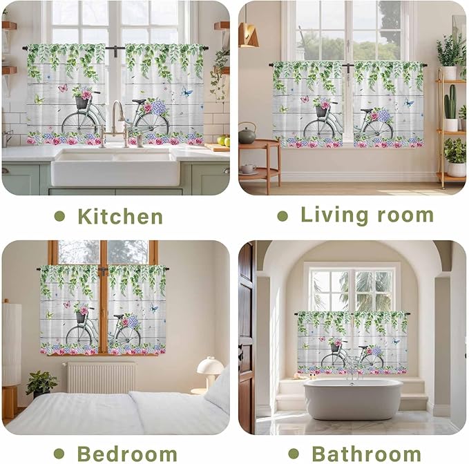 Spring Kitchen Curtains, Bicycles Botanical Rose Leaves Butterfly Wood Grain Light Filtering Window Curtain Panels, 2Pcs Rod Pocket Window Treatments Set for RV Dining Room Study Room 42x54 Inches