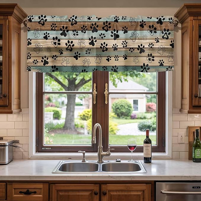 Dog Paws Valance Curtains for Kitchen, Teal Brown Wood Grain Privacy Rod Pocket Valance Curtain, Light-Filtering Window Treatment for Bedroom Bathroom, 42"x18"