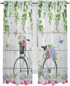 Spring Kitchen Curtains, Bicycles Botanical Rose Leaves Butterfly Wood Grain Light Filtering Window Curtain Panels, 2Pcs Rod Pocket Window Treatments Set for Living Room Bathroom Bedroom 52x72 Inches