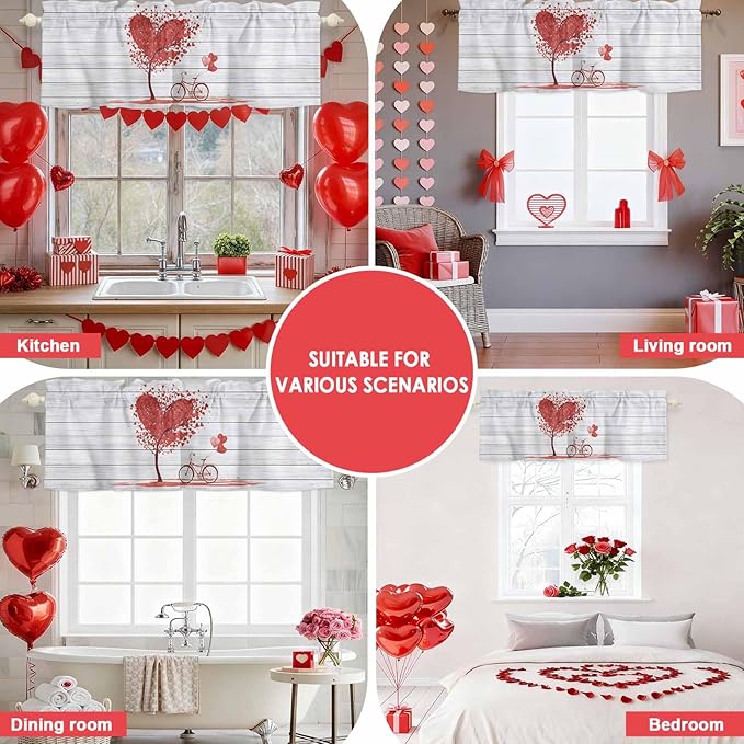Valentine's Day Valance Curtains for Kitchen, Red Love Trees Bicycles Balloons Wood Grain Privacy Rod Pocket Valance Curtain, Light-Filtering Window Treatment for Bedroom Bathroom, 42"x18"