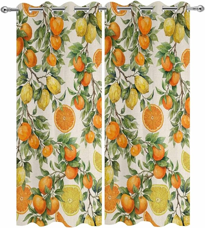 Lemons Yellow Orange Summer Plant Linen Outdoor Curtains for Patio Waterproof Outside Curtains with Grommet Top Weatherproof Curtain for Cabana Pergola Gazebo, 2 Pack, 54" W x 84" L