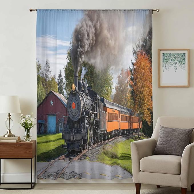 Steam Train Sheer Curtains 45 Inch Length Railroad Country Barn Rustic Trees Farmhouse Chiffon Curtain for Bedroom Living Room Light Filtering Window Treatments Voile Curtains Drapes for Kitchen
