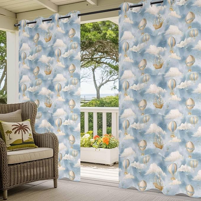 Hot Air Balloons Outdoor Curtains for Patio Fantasy Spaceship Cartoon Vintage Waterproof Outside Curtains with Grommet Top Weatherproof Curtain for Cabana Pergola Gazebo, 2 Pack, 54" W x 95" L