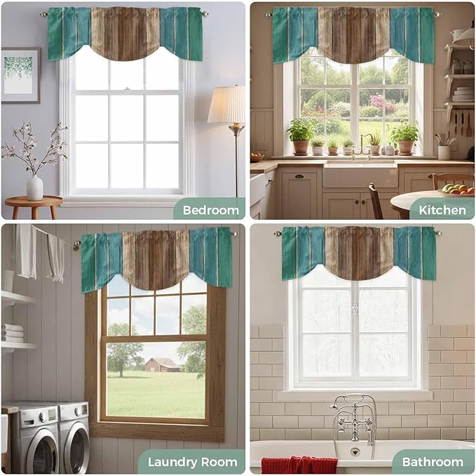 Teal Blue Brown Tie Up Valance Curtains for Windows, Kitchen Curtains Window Shades, Farmhouse Retro Wooden Grain Stripes Light Filtering Roman Curtain Valances for Bedroom/Bathroom/Cafe 60"x18"