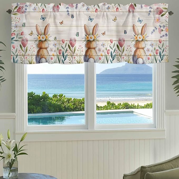 Easter Curtain Valances for Windows, Kitchen Valance Window Treatment, Spring Bunny Butterfly Botanical Wooden Grain Light Filtering Block Curtains for Bathroom/Bedroom/Living Room 42'' x 12''
