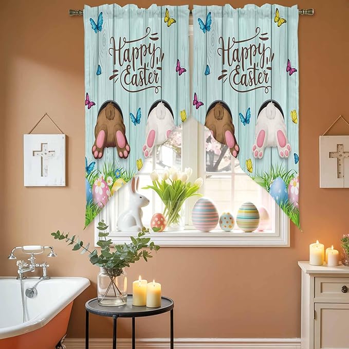 Swag Curtain Valances for Kitchen Windows,Happy Easter Bunny Butt Egg Floral Short Rod Pocket Window Valance,Spring Plant on Aqua Wood Swag Topper for Bedroom Living Room,2 Panels 36x36in