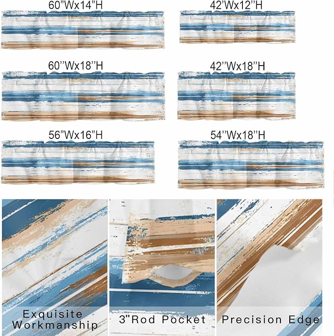 Vintage Blue Valances for Windows, Brown Wood Grain Mottled Texture Abstract Art Kitchen Valance Light Filtering Rod Pocket Short Curtains for Kitchen Bathroom, 1 Panel, 56"x16"
