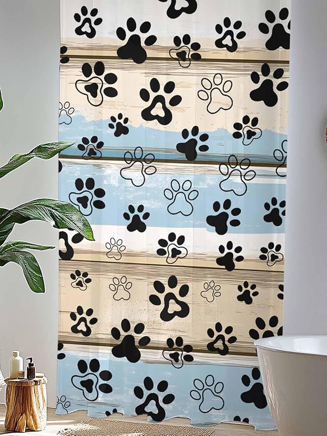 Sheer Curtains 96 Inches Long, Blue Dog Paw Print Semi Sheer Curtains Light Filtering Window Treatment, Vintage Farmhouse Rustic Wooden Grain Privacy Voile Drapes for Living Room Bedroom 52x96 Inch